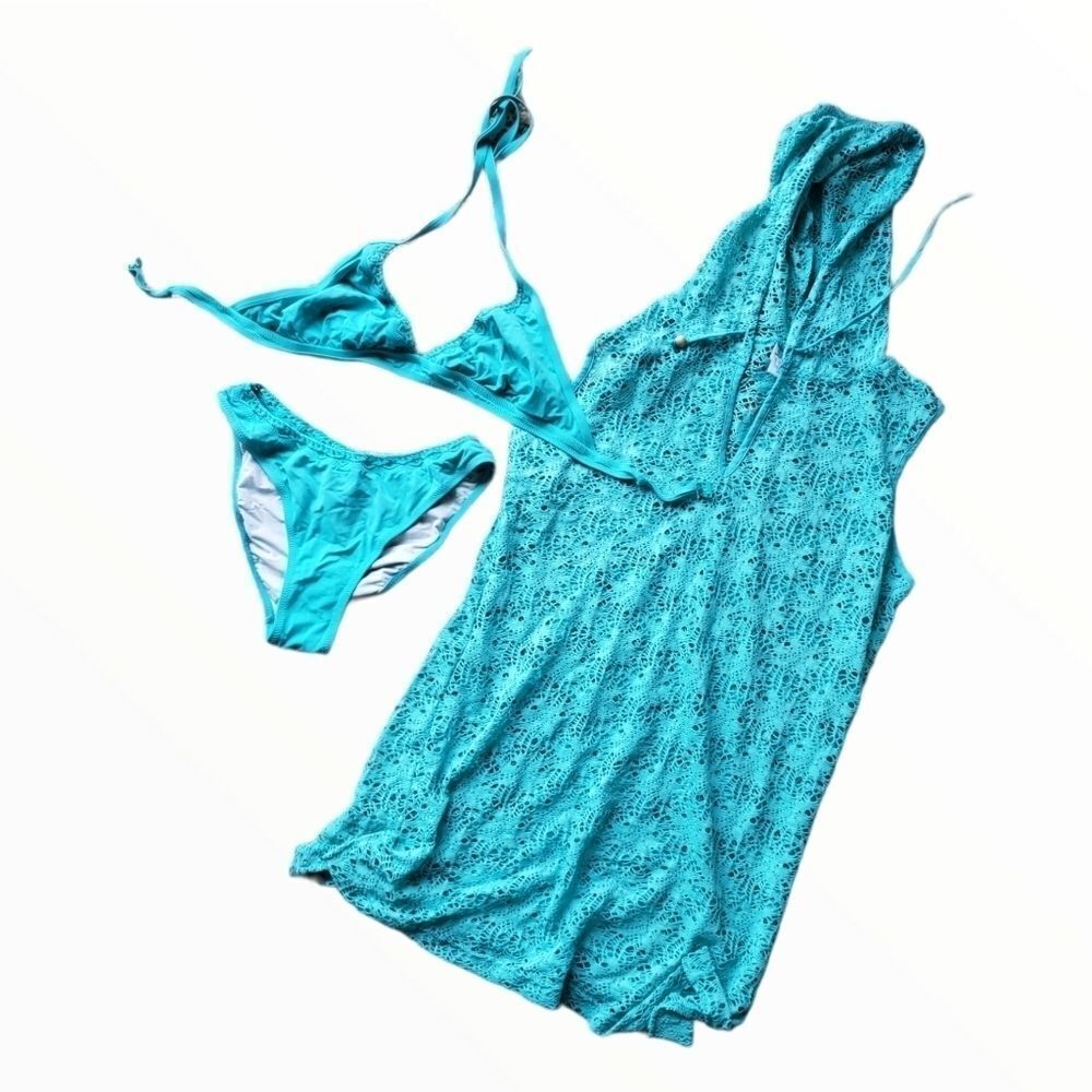 3 Pcs Turquoise Aqua Crochet Bikini w Dress Large